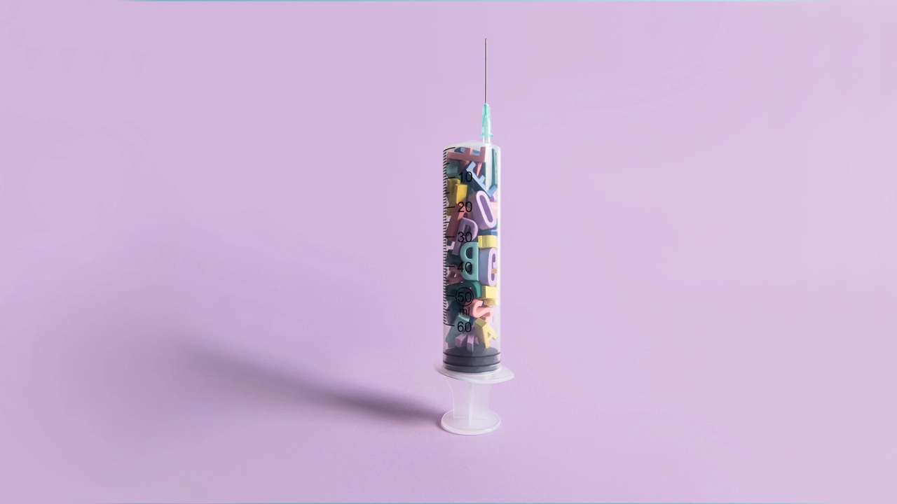 Picture of a syringe with colored letters inside