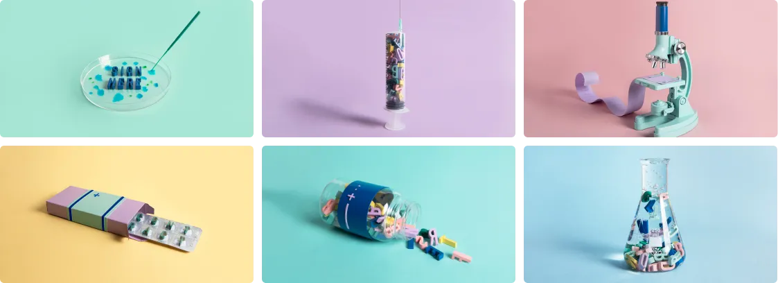 Salvius factsheet header with images on green, purple, pink, yellow, dark green and blue showing abstracts of the clinical trail process