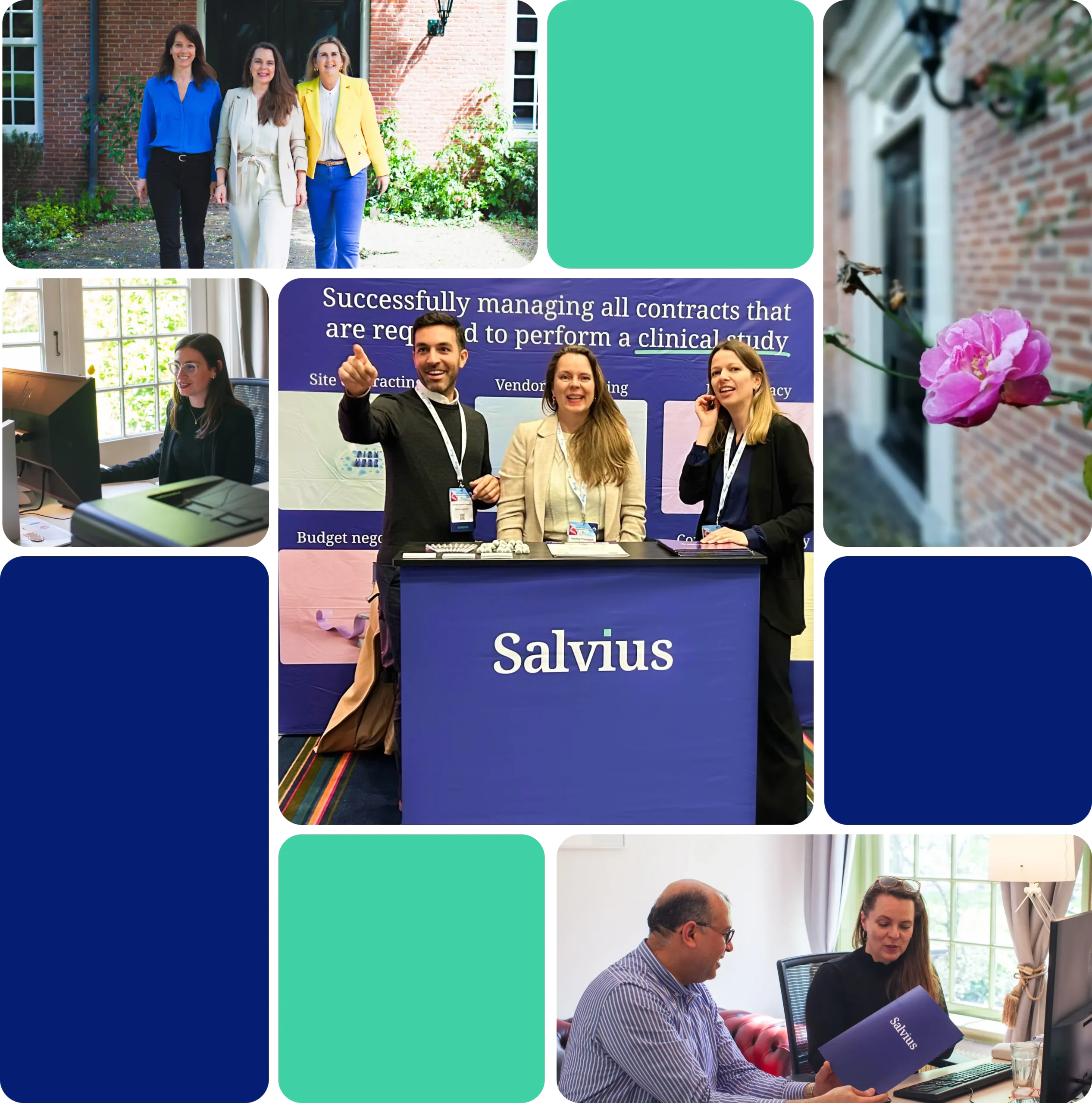 Photo grid of five pictures showing Salvius employees and workplace