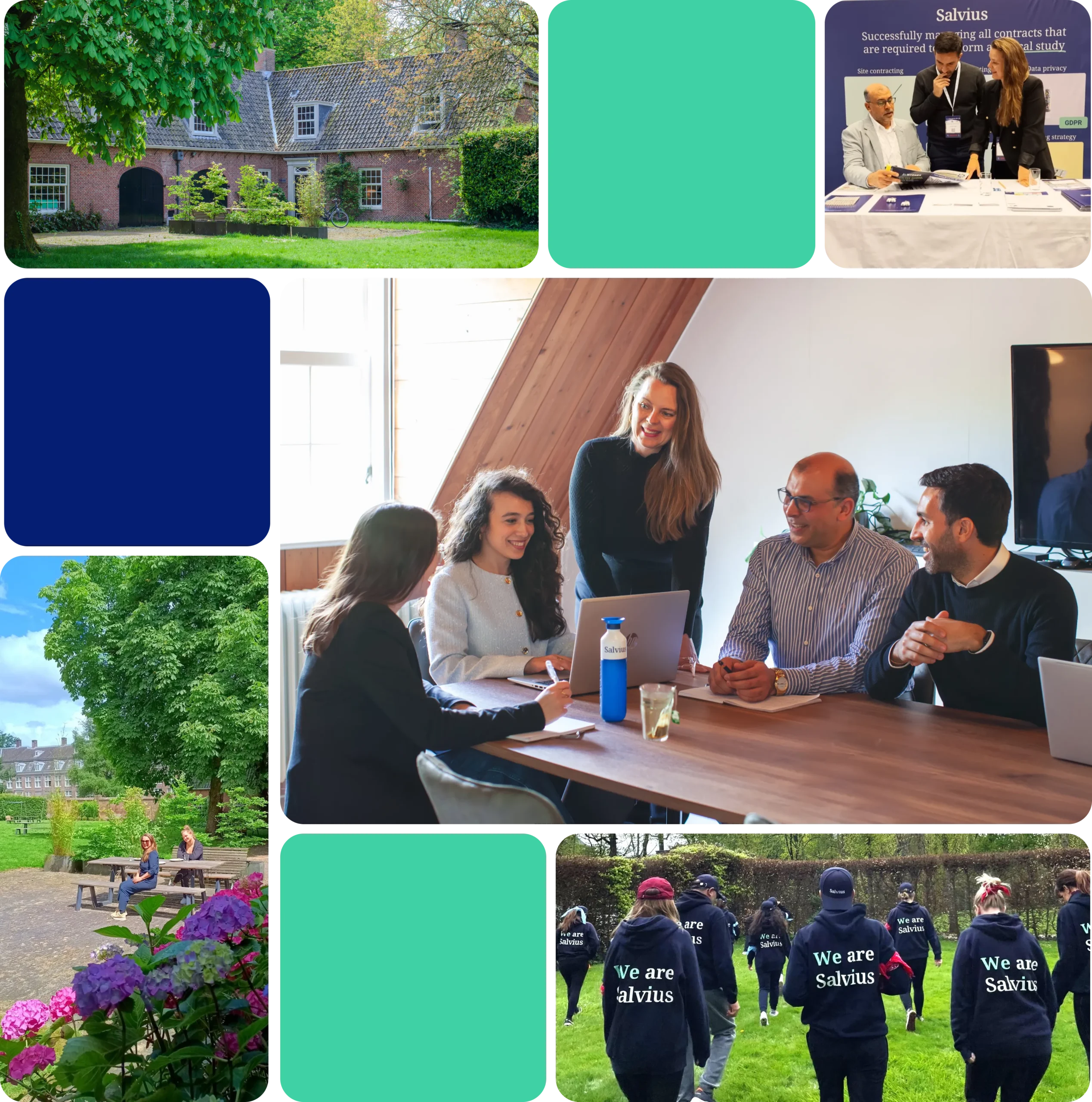 Photo grid of fivepictures showing Salvius employees and workplace